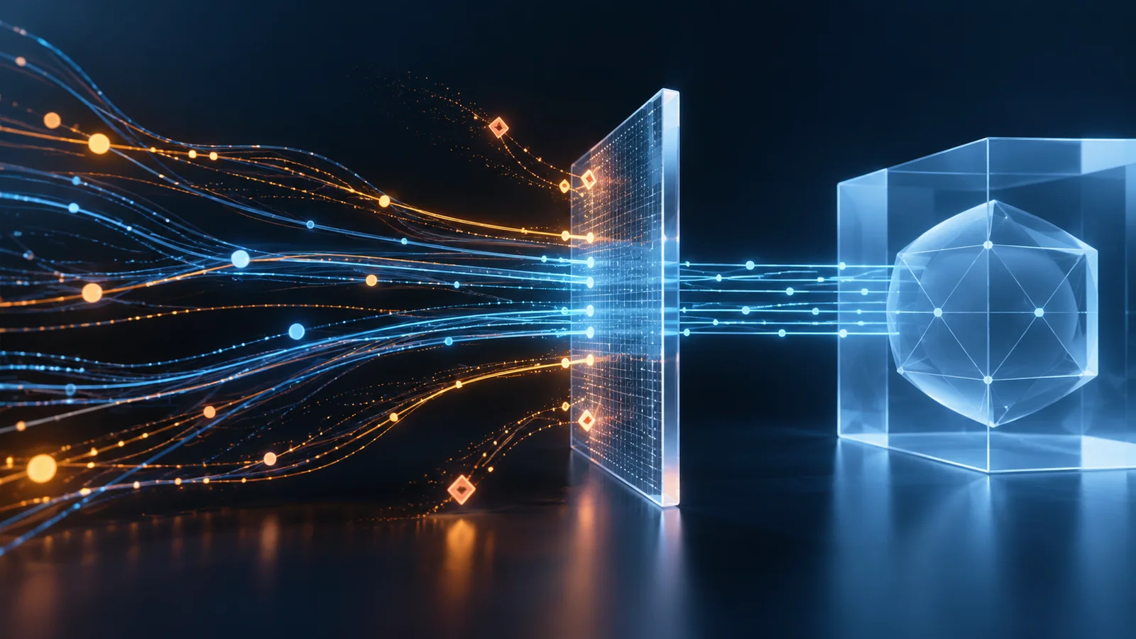 Conceptual illustration of blue and amber network paths passing through a transparent security boundary toward a protected geometric form.