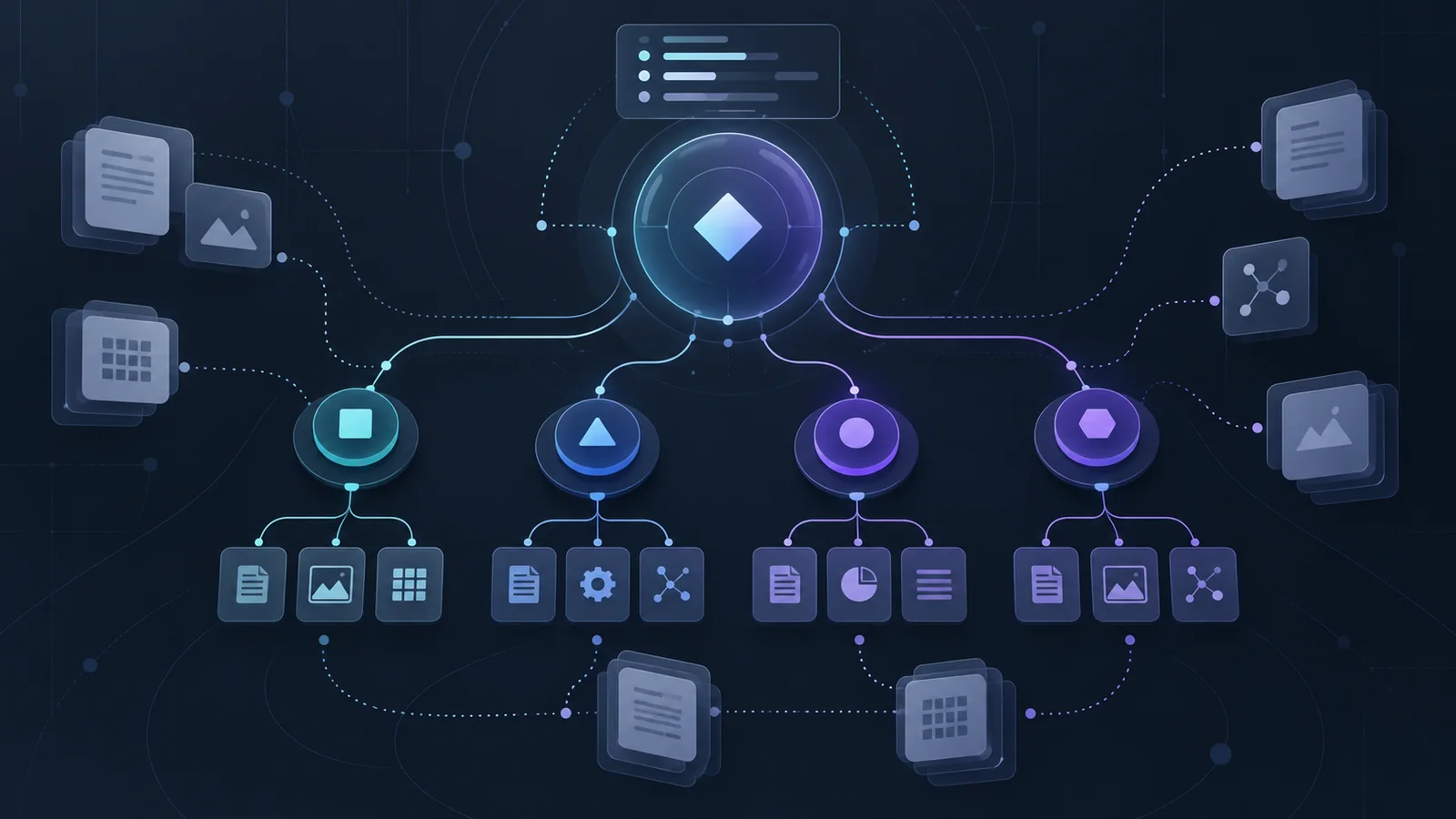 Conceptual illustration of a central controller directing four worker paths linked to stored artifact cards.