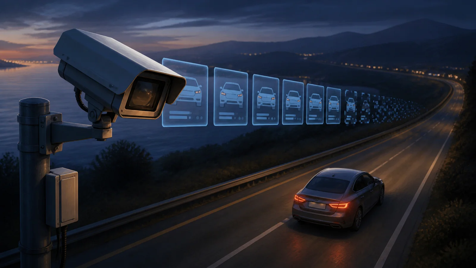 Editorial illustration of a roadside surveillance camera observing a generic car as abstract vehicle-data records diminish into the distance.