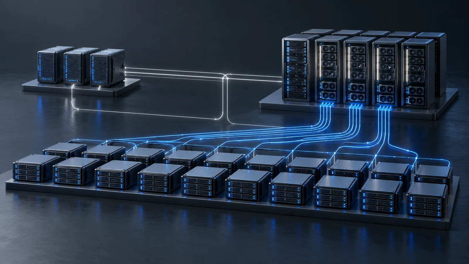 Conceptual illustration of separated metadata, storage and GPU-compute clusters joined by distinct data paths.
