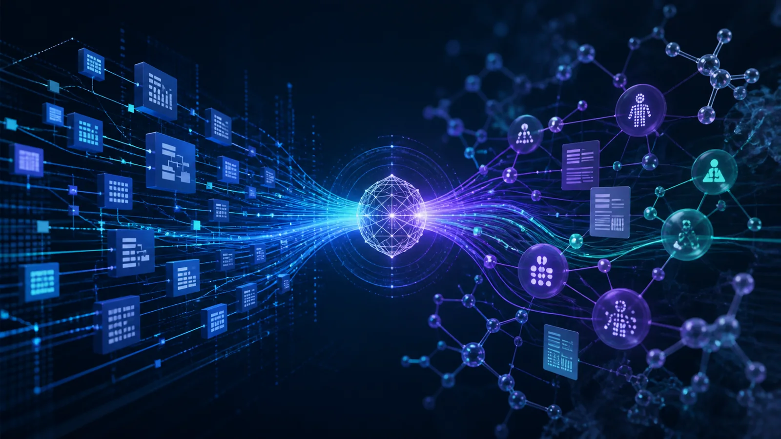 Abstract blue and violet enterprise data streams converge with a network of molecular structures, workflow panels, and anonymized patient-safety nodes.