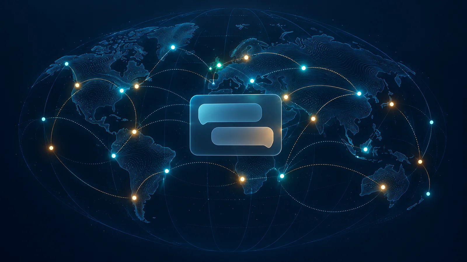 Conceptual illustration of a dark blue world map made of contour lines, with luminous network dots and a central generic chat-message motif.