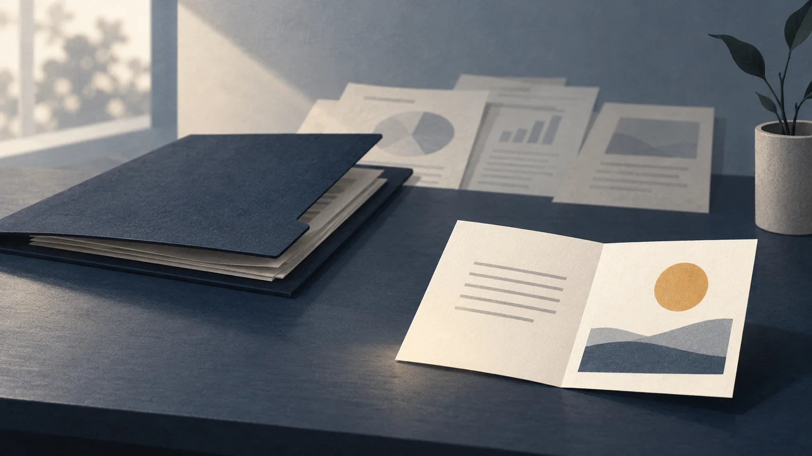 Conceptual illustration of a closed folder and abstract documents on a desk, with an open briefing card in front.