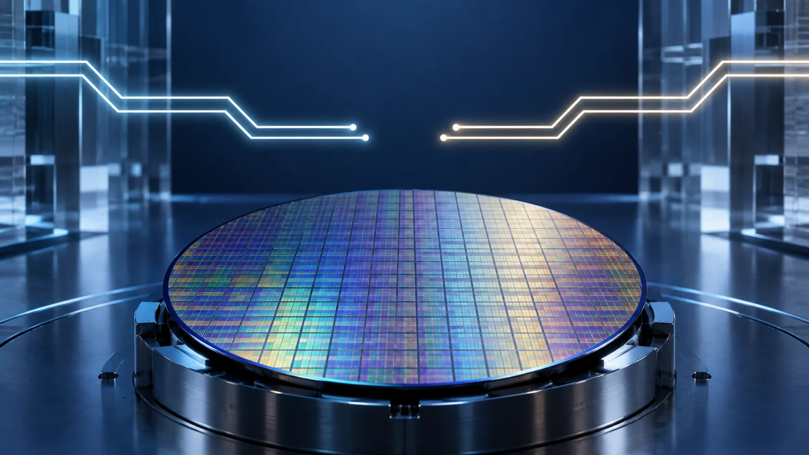 Editorial illustration of a silicon wafer in a fabrication-inspired setting, with two unconnected circuit paths above it.
