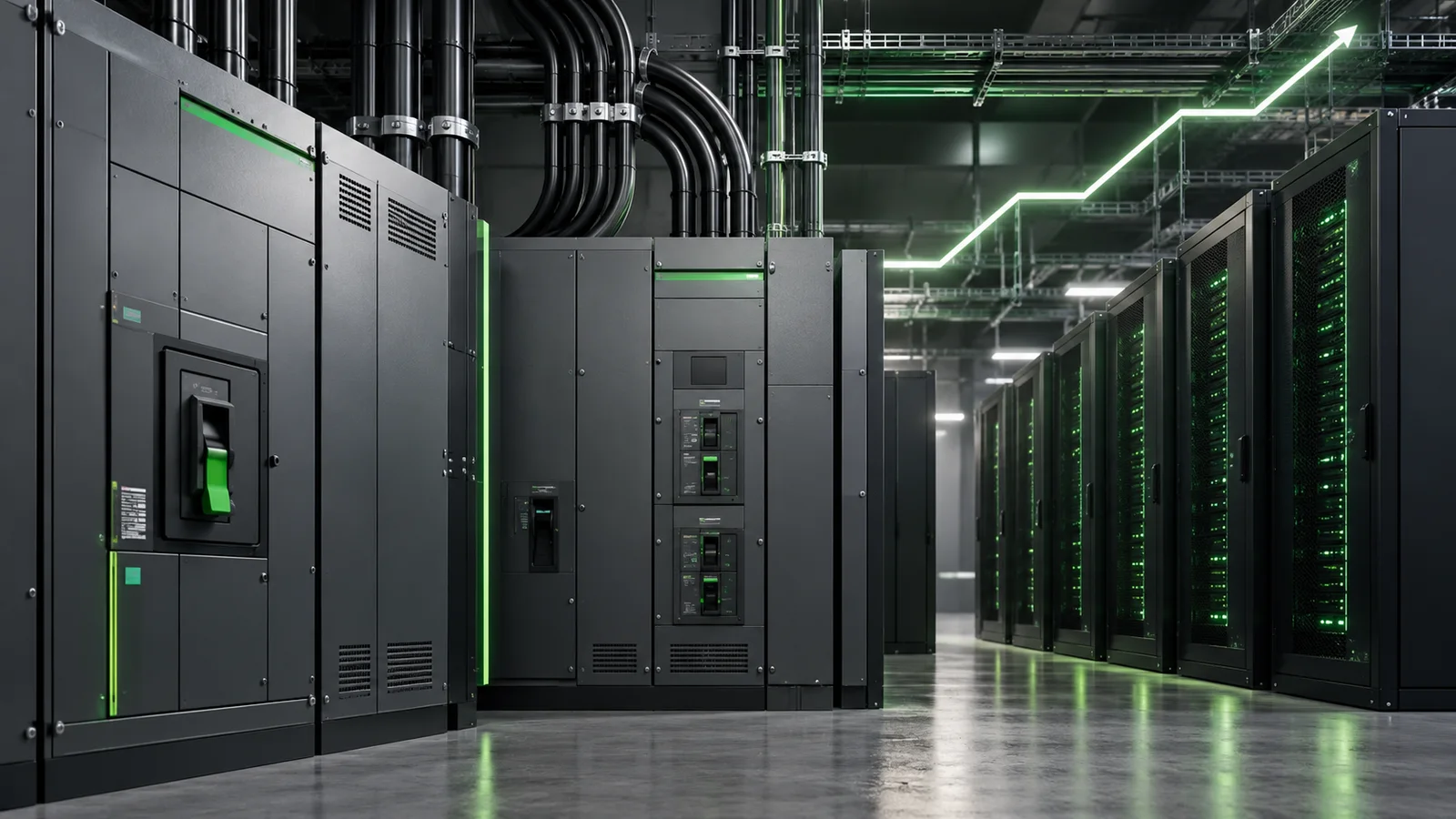 Unbranded electrical switchgear and cable conduits beside data-center server racks, with a subtle green upward light motif.