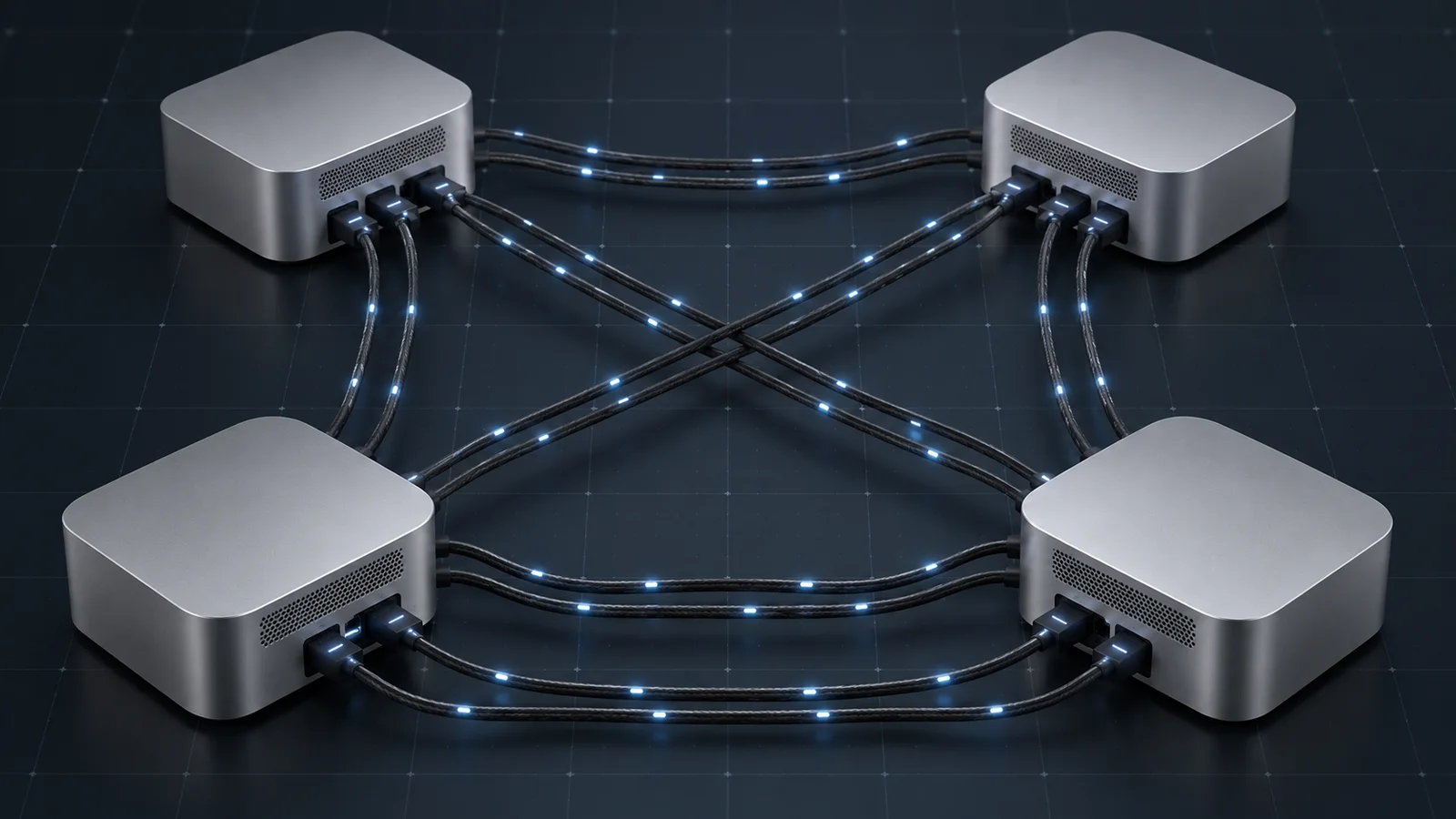 Conceptual illustration of four unbranded compact desktop systems connected by cables in a peer-to-peer mesh.