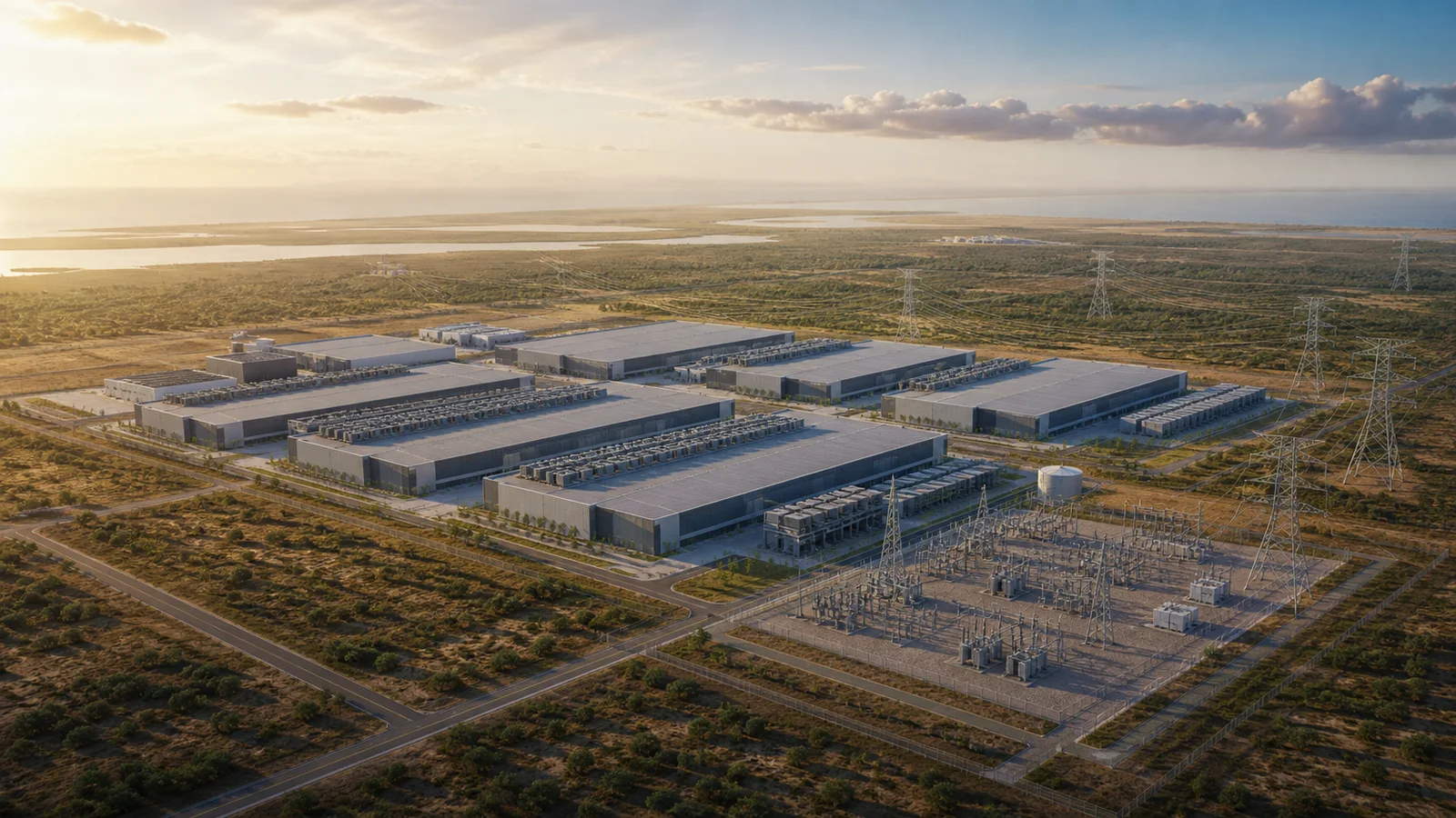 Editorial illustration of a large data center campus with electrical substations and transmission lines in a coastal plain landscape