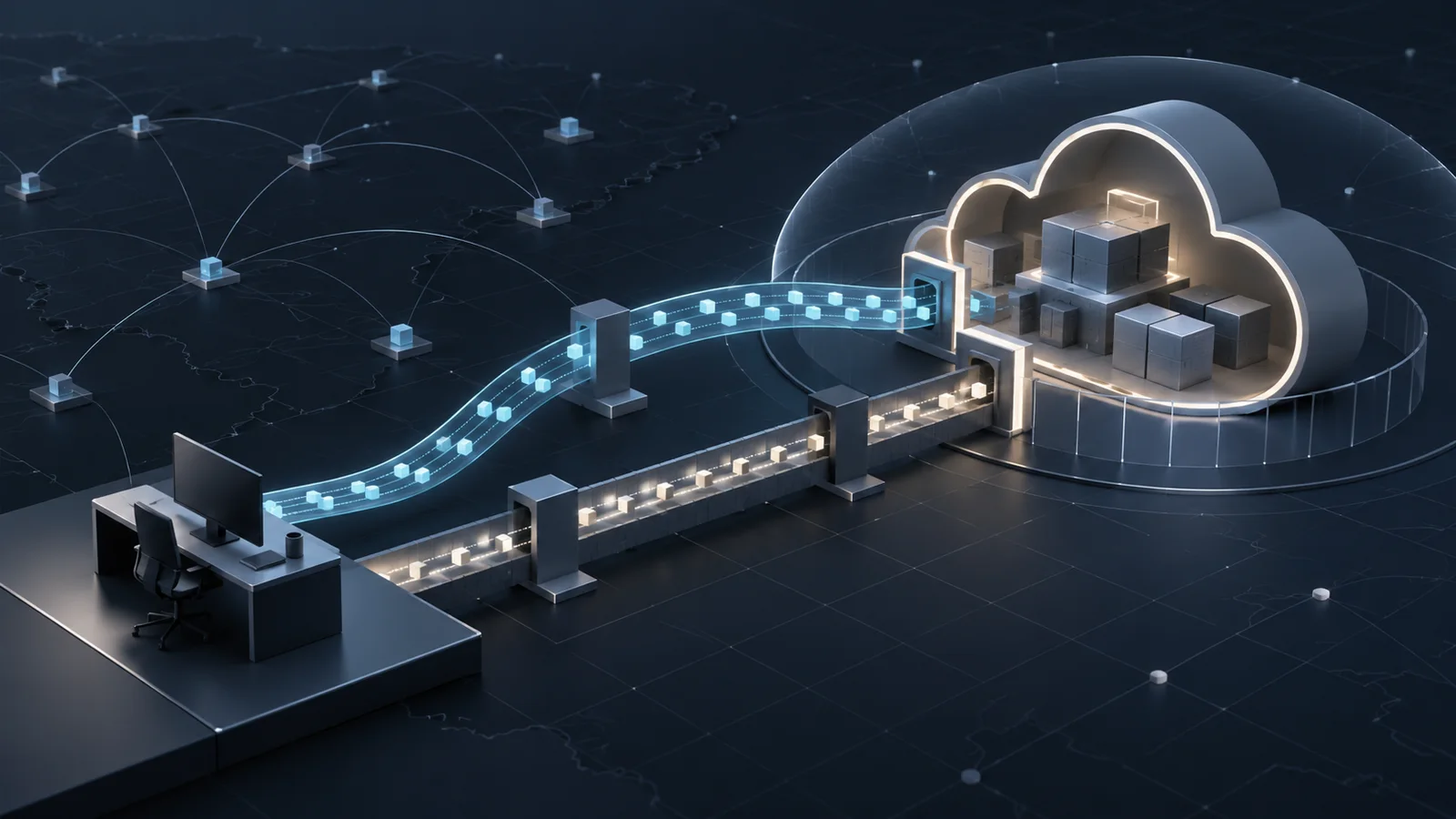 Conceptual 3D illustration of a developer workstation feeding two separate illuminated data routes into a protected cloud enclosure.