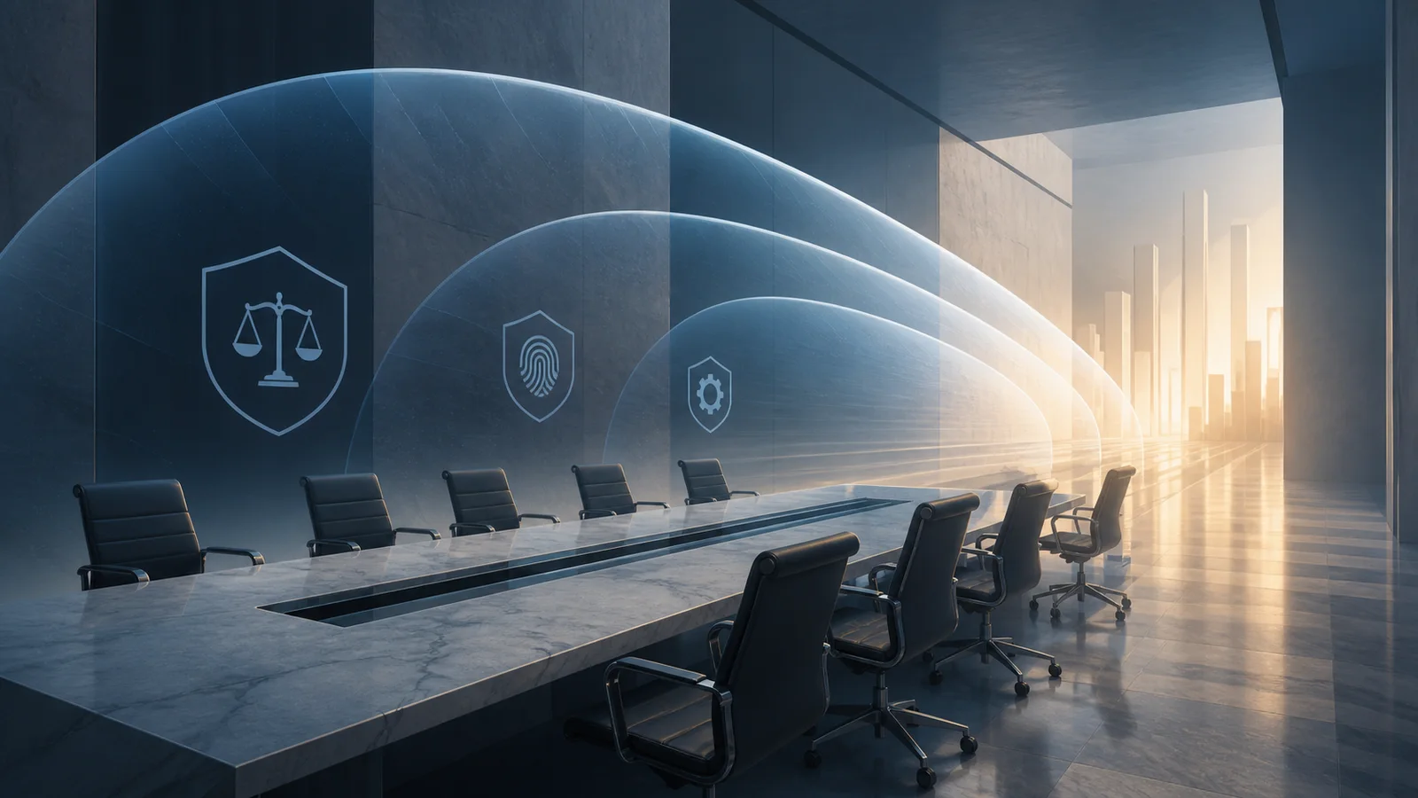 Empty executive chairs in a boardroom beneath three receding translucent protective arches.