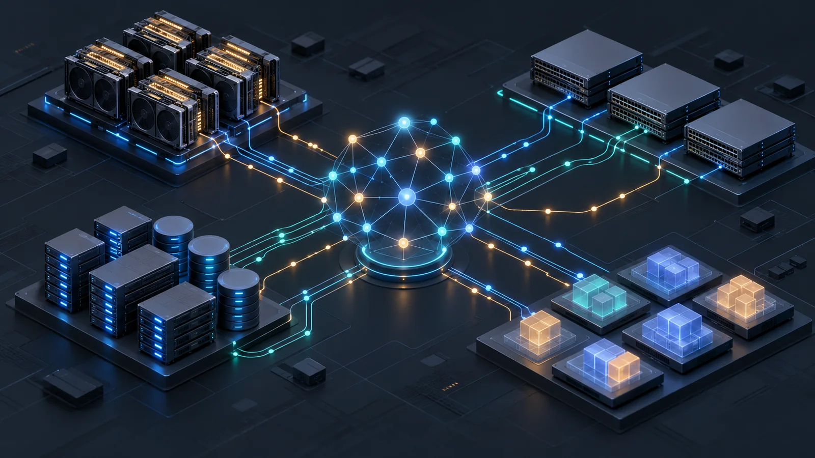 Conceptual illustration of GPU compute modules, network switches, storage and workload blocks linked to a central telemetry relationship graph.