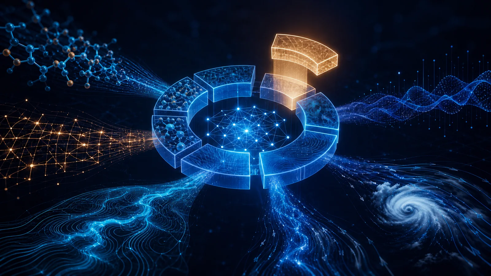 Abstract scientific data streams and molecular structures converging on an open segmented ring around a neural network