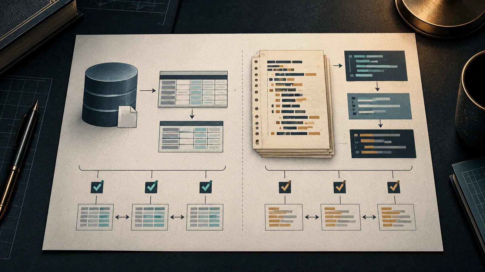 Conceptual technical illustration showing a database, code sheets, result panels and check marks for software evaluation and behavior-preserving code migration.