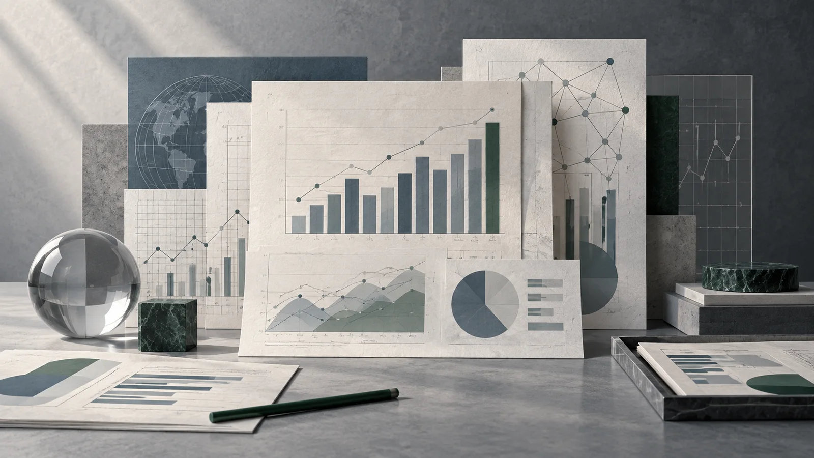 Abstract editorial composition of layered financial-analysis documents with bar charts, line charts, a pie chart, data grids, and connected nodes in slate, charcoal, off-white, and muted green.