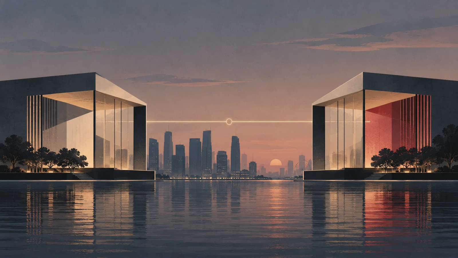 Conceptual illustration of two equal modern pavilions linked by a thin line across water, with a stylized Singapore skyline at dusk.