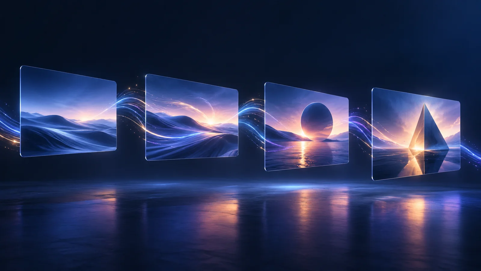Four abstract cinematic frame panels connected by blue and violet light trails, representing iterative video generation.