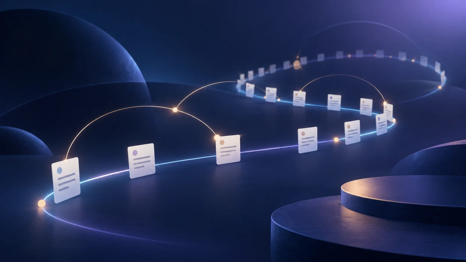 Conceptual illustration of a glowing blue path connecting abstract task cards across a dark blue and violet space.