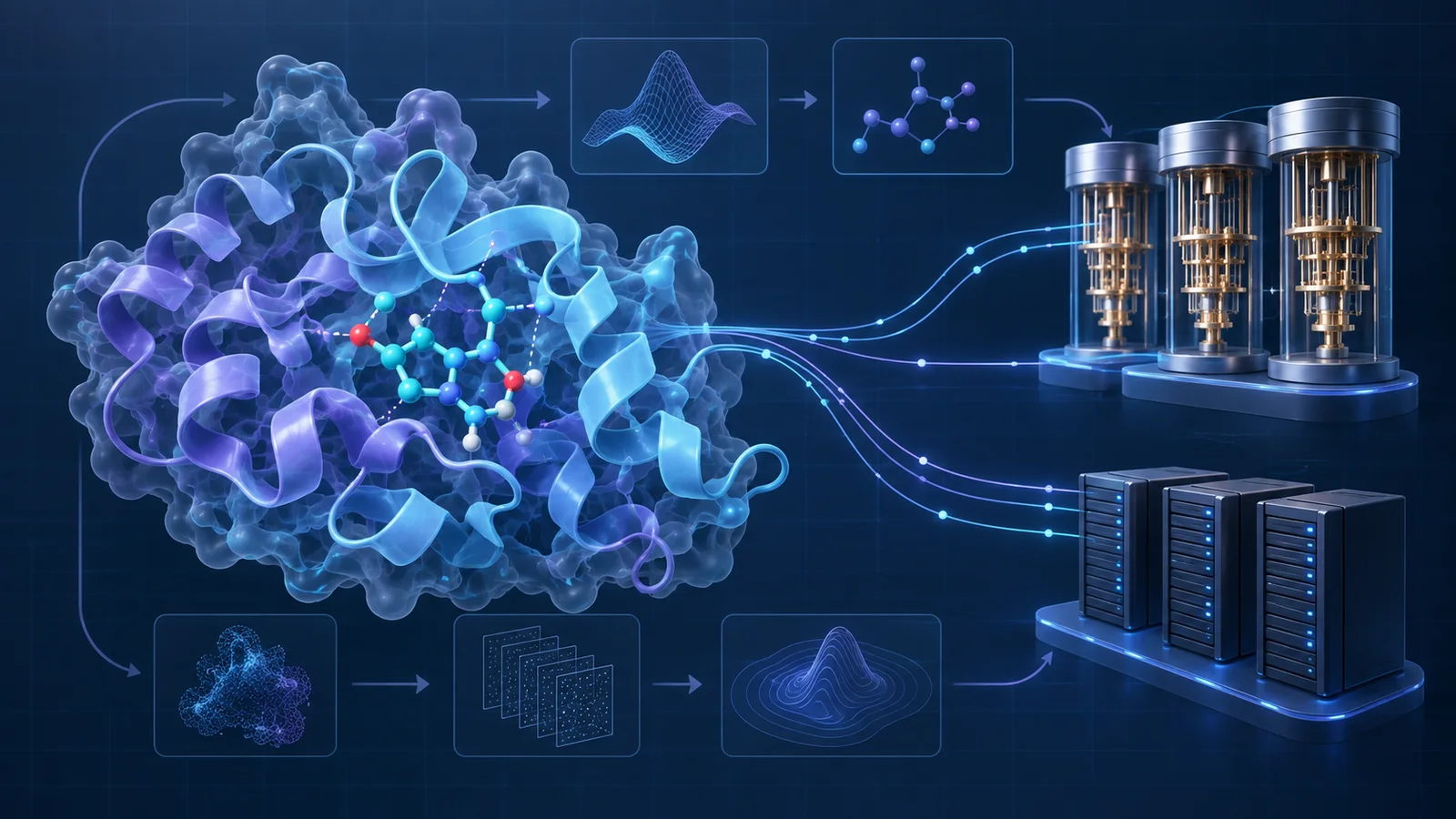 Conceptual illustration of a protein-ligand structure connected to abstract quantum modules and conventional compute servers.