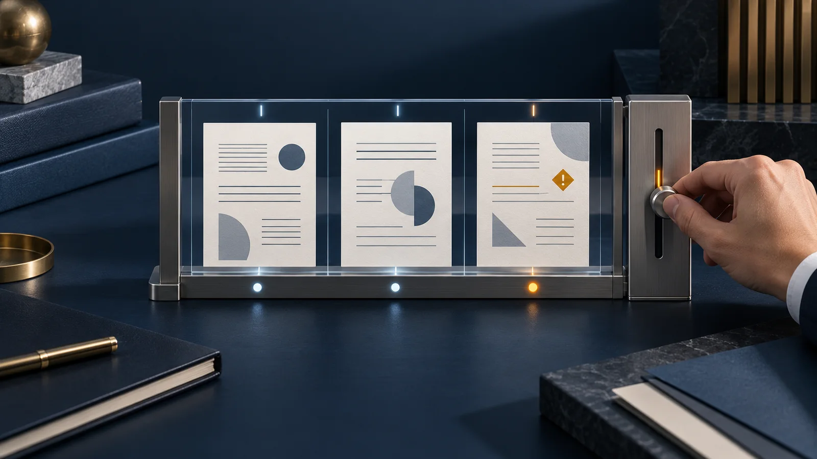 Three abstract evidence cards in a transparent comparison frame, with one amber discrepancy marker and a reviewer hand adjusting a validation dial.