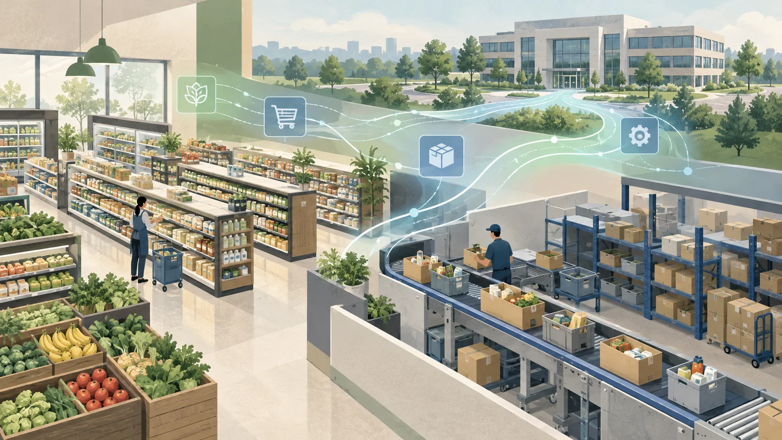 Conceptual illustration of a grocery aisle and fulfillment conveyor connected by translucent data paths to an unbranded corporate operations building, with small cart, package, gear and leaf symbols.
