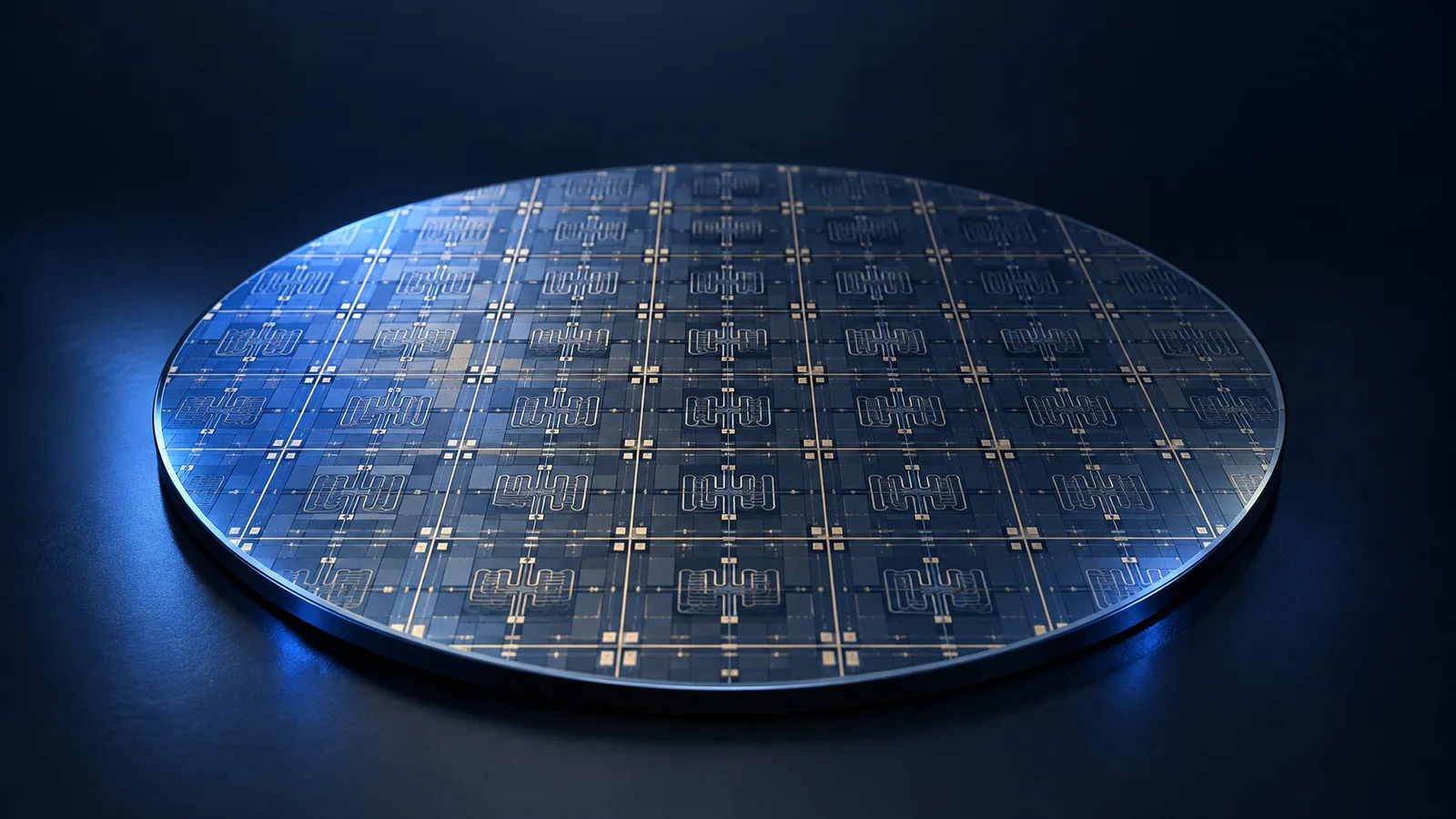 Conceptual blue quantum wafer with fine circuit geometry on a dark background