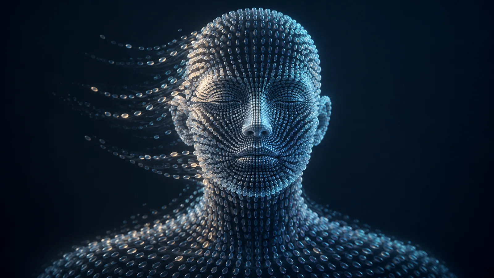 Conceptual 3D head formed from blue and silver Gaussian splats, with flowing particle trails indicating expression-driven animation.