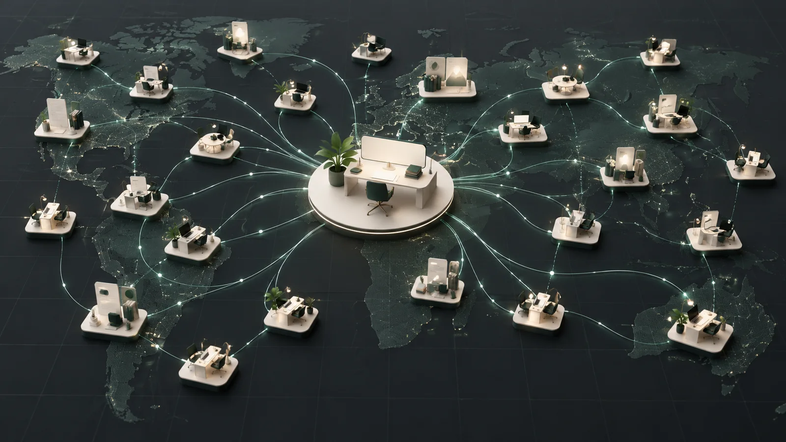 Conceptual illustration of a central workspace linked to many global office workstations.