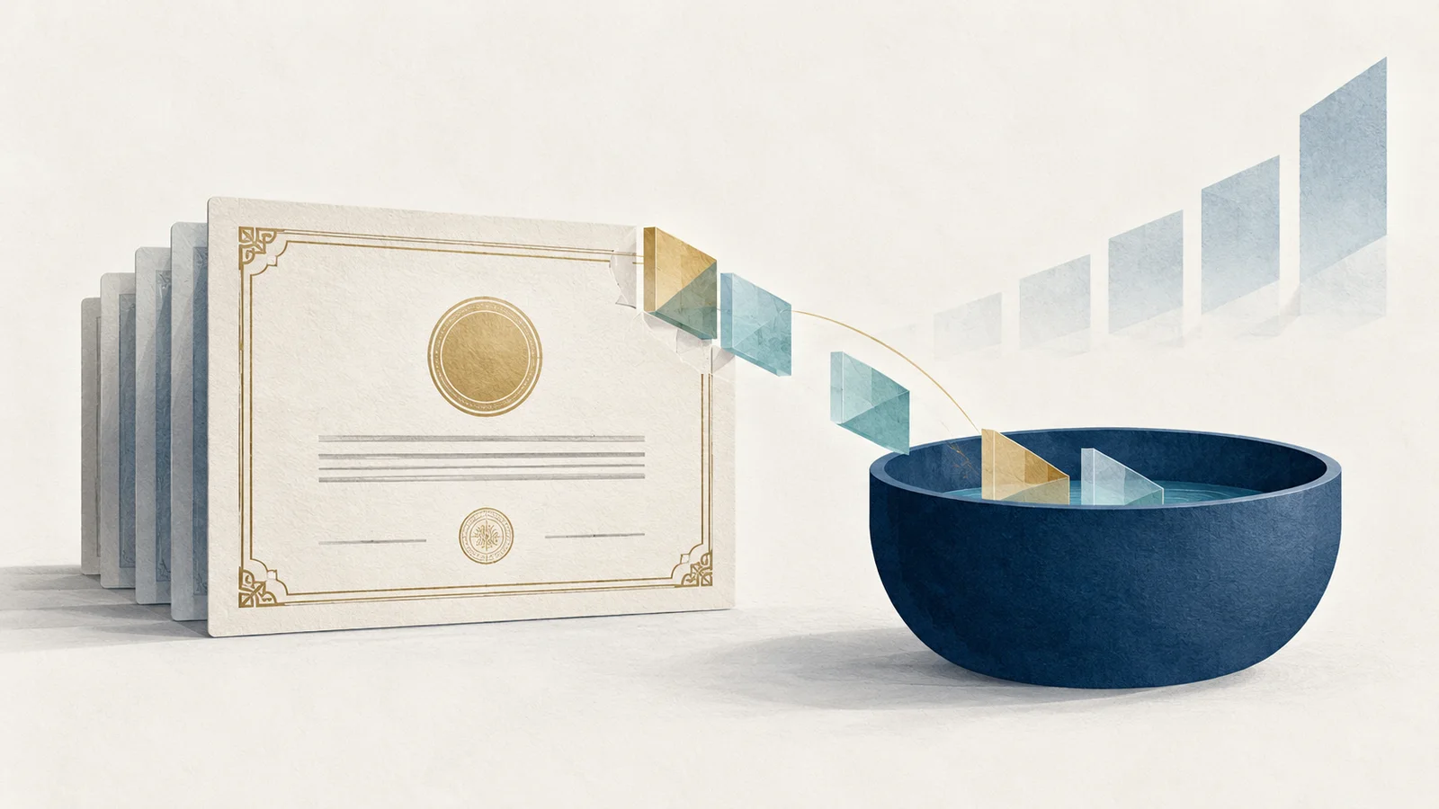 Editorial illustration of unbranded share certificates and translucent geometric units moving toward a deep-blue public-benefit vessel.