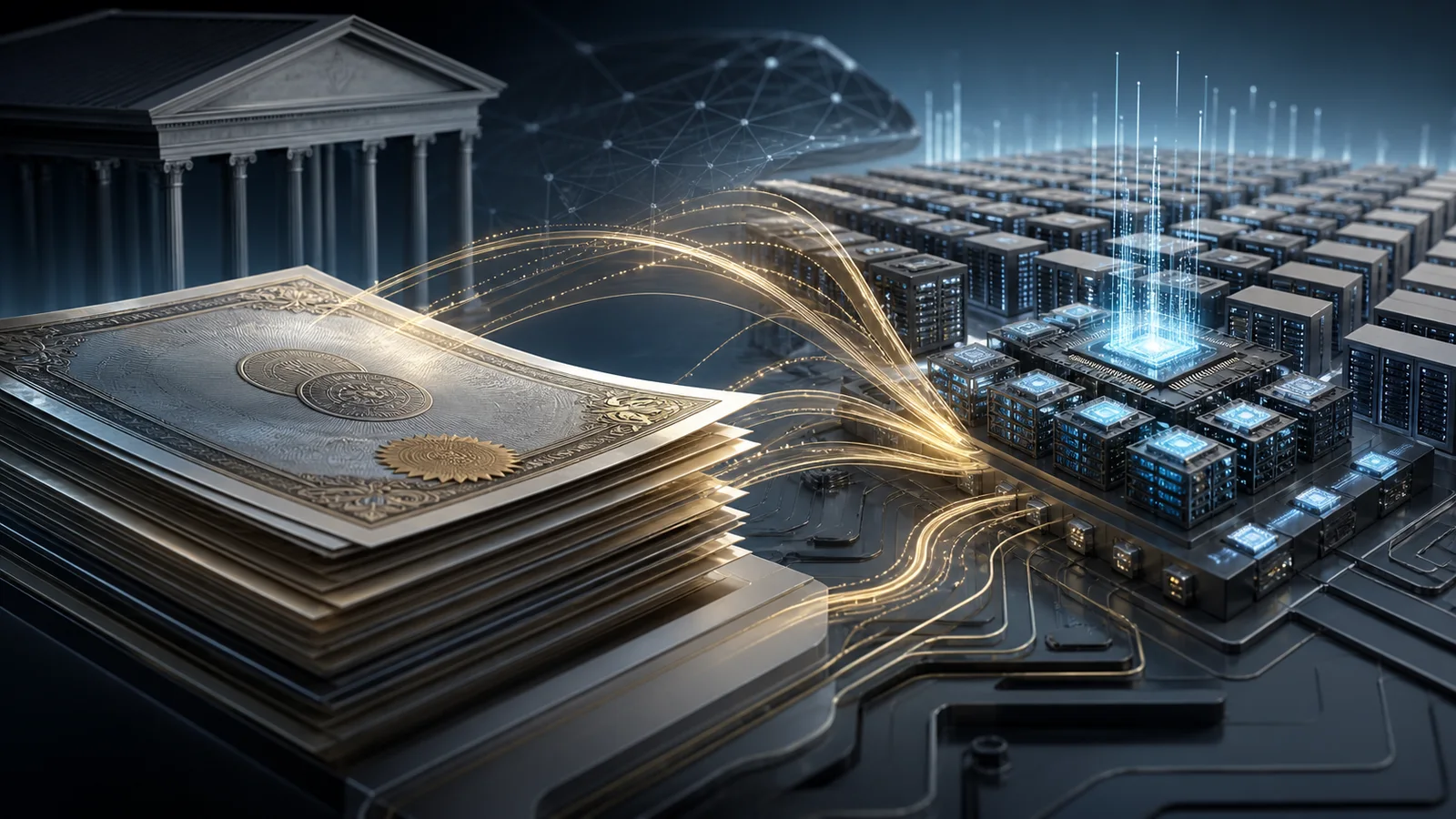 Abstract bond certificates channel golden streams toward illuminated data-center servers and computing chips.