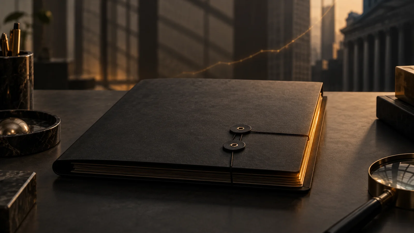 A sealed unbranded financial presentation folder on a charcoal desk, with a subtle amber line rising across a shadowed office background.