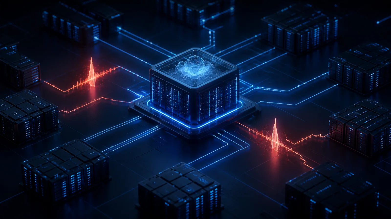 An abstract AI compute core connects to server nodes while two red interruption pulses cross the network.