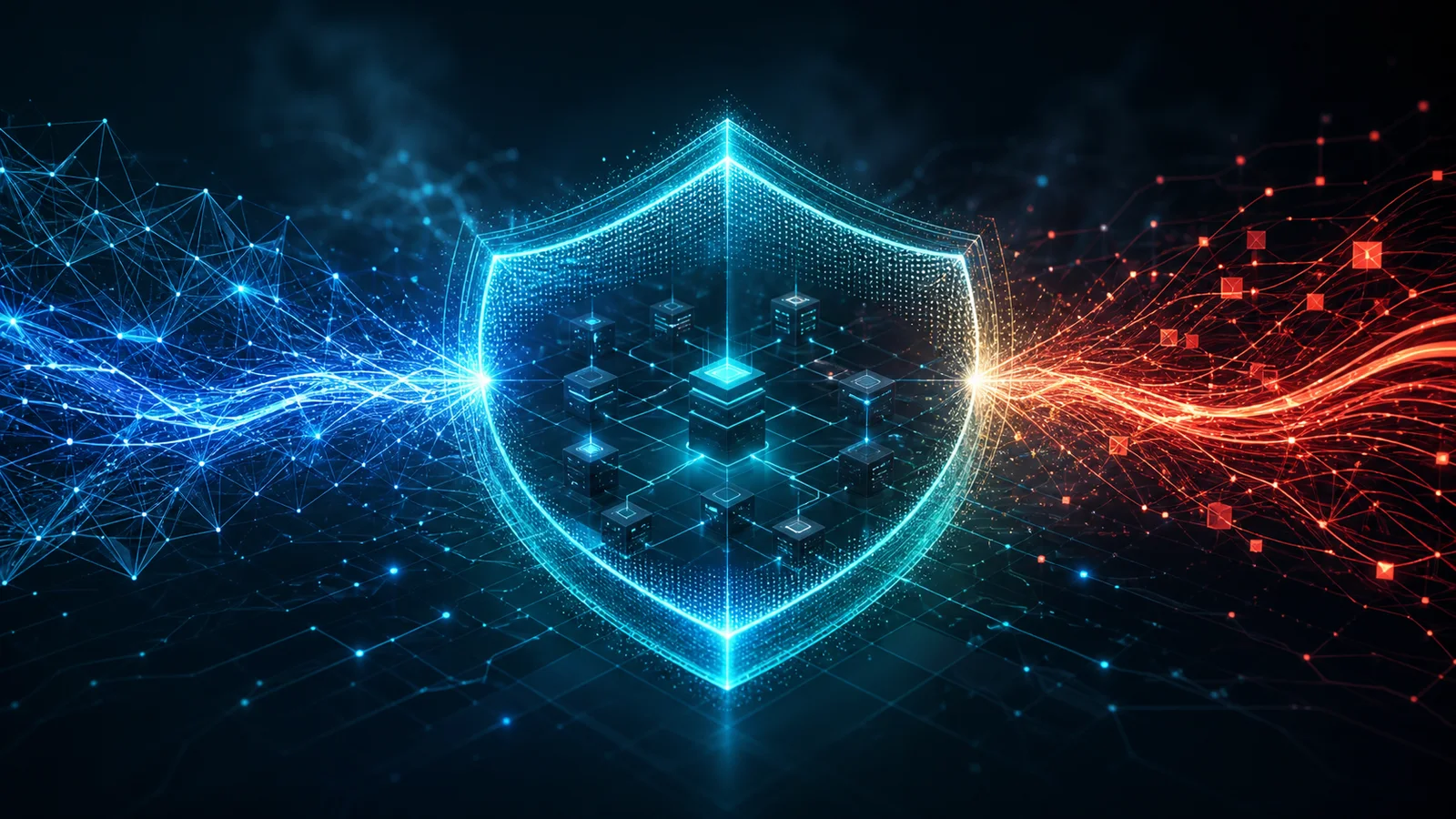 An illuminated shield protects an abstract enterprise network as blue and red data streams converge around it.