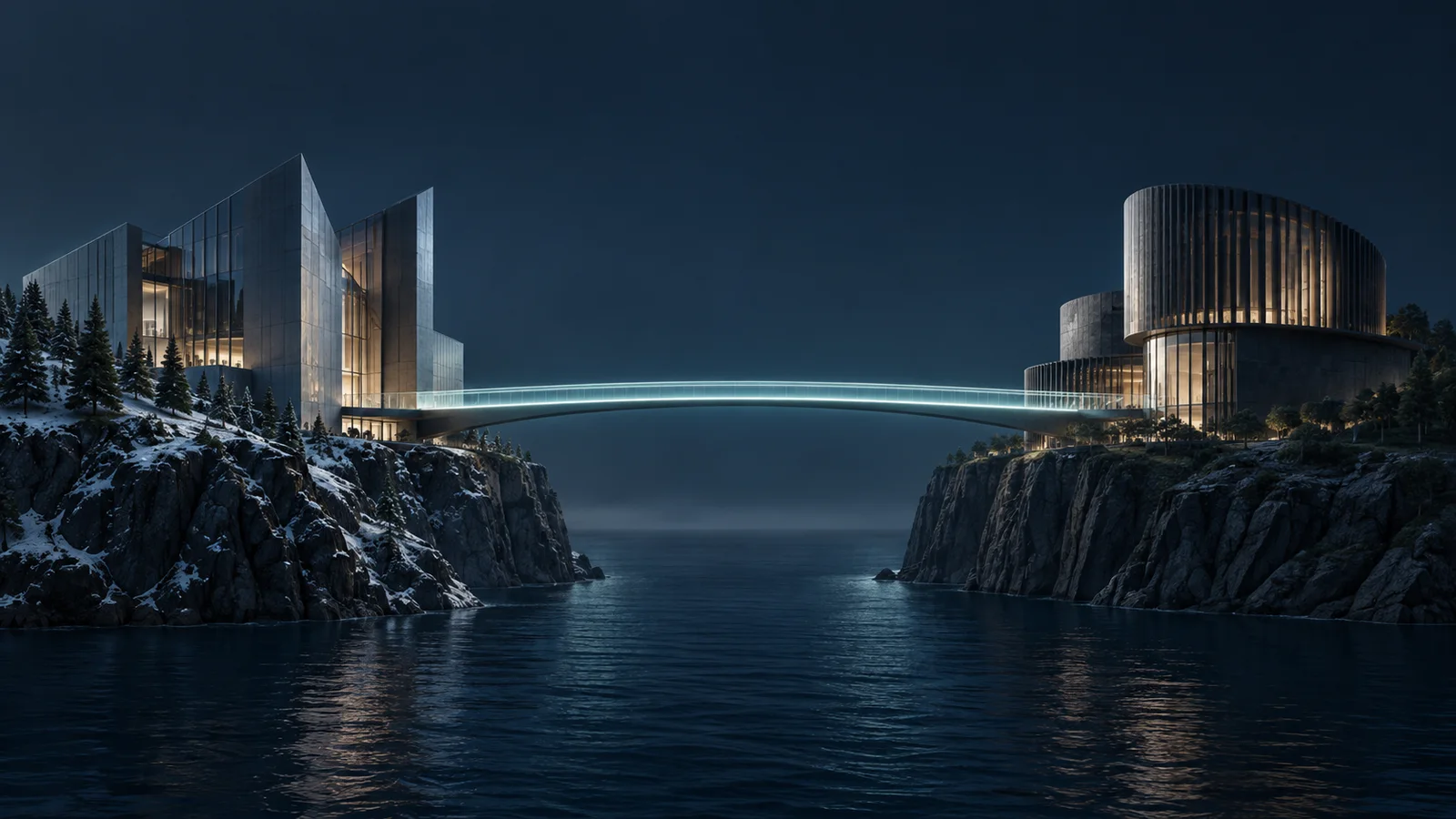 Two unbranded modern architectural forms on opposing cliffs, joined by one illuminated bridge over dark water.