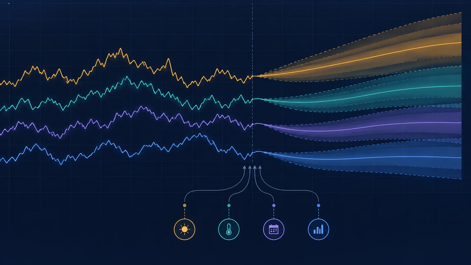 Four multicolored time-series traces feed into forecast bands, with four covariate inputs below.