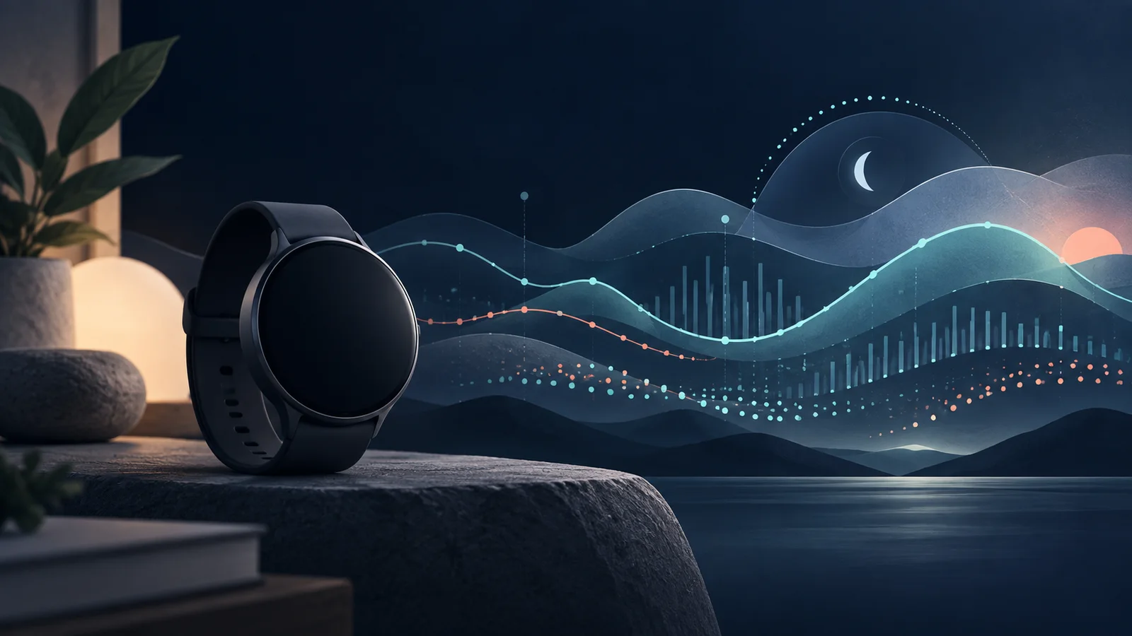 An unbranded dark smartwatch beside layered aqua and coral wellness-signal curves and data points on a midnight-blue background.