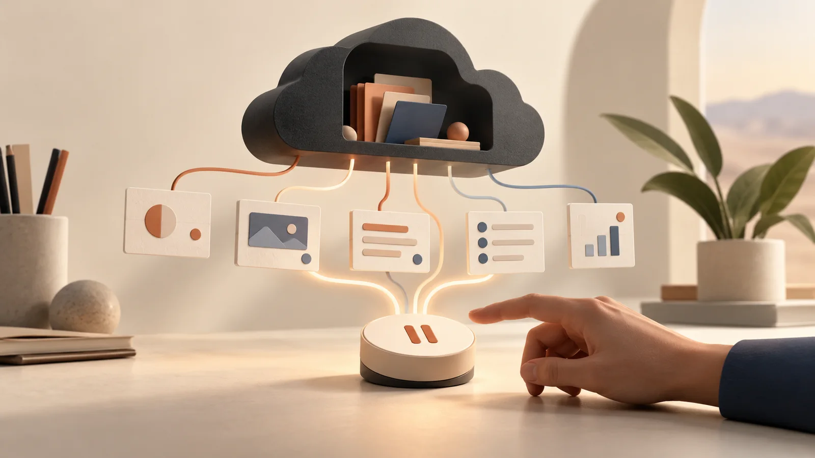 Conceptual illustration of a cloud-based work agent holding abstract task cards above a visible approval pause control, with a hand nearby.