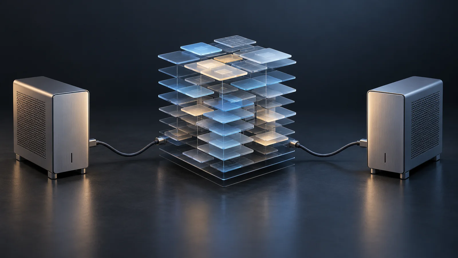 Two unbranded compact workstations connected to a layered translucent model structure.