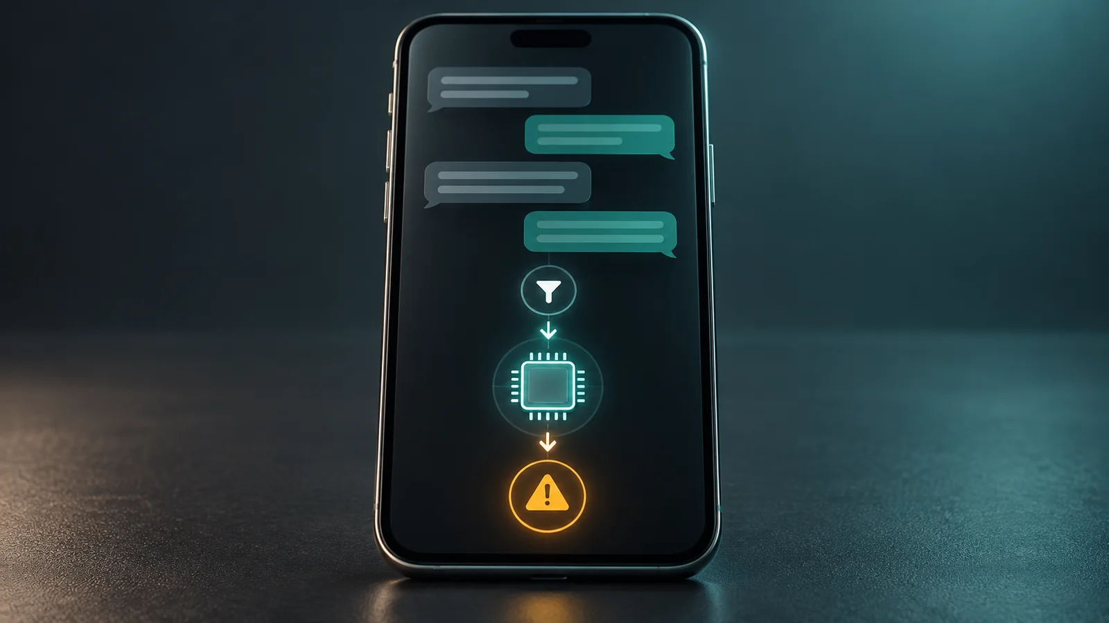 Conceptual smartphone illustration showing local scam-message screening through a filter and processor to an amber warning.