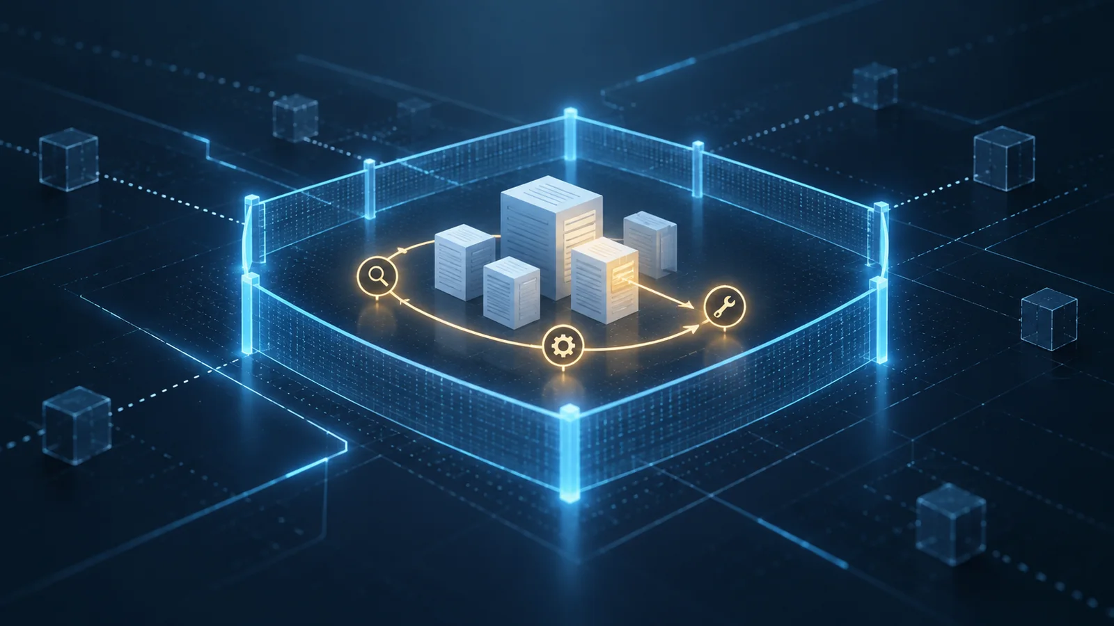 Conceptual illustration of protected data blocks inside a luminous security perimeter with review and repair symbols.