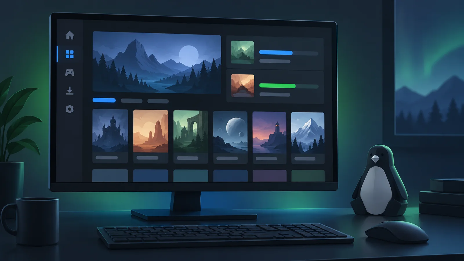 Conceptual illustration of a generic PC game-library screen with abstract game tiles and download bars beside a penguin figurine.