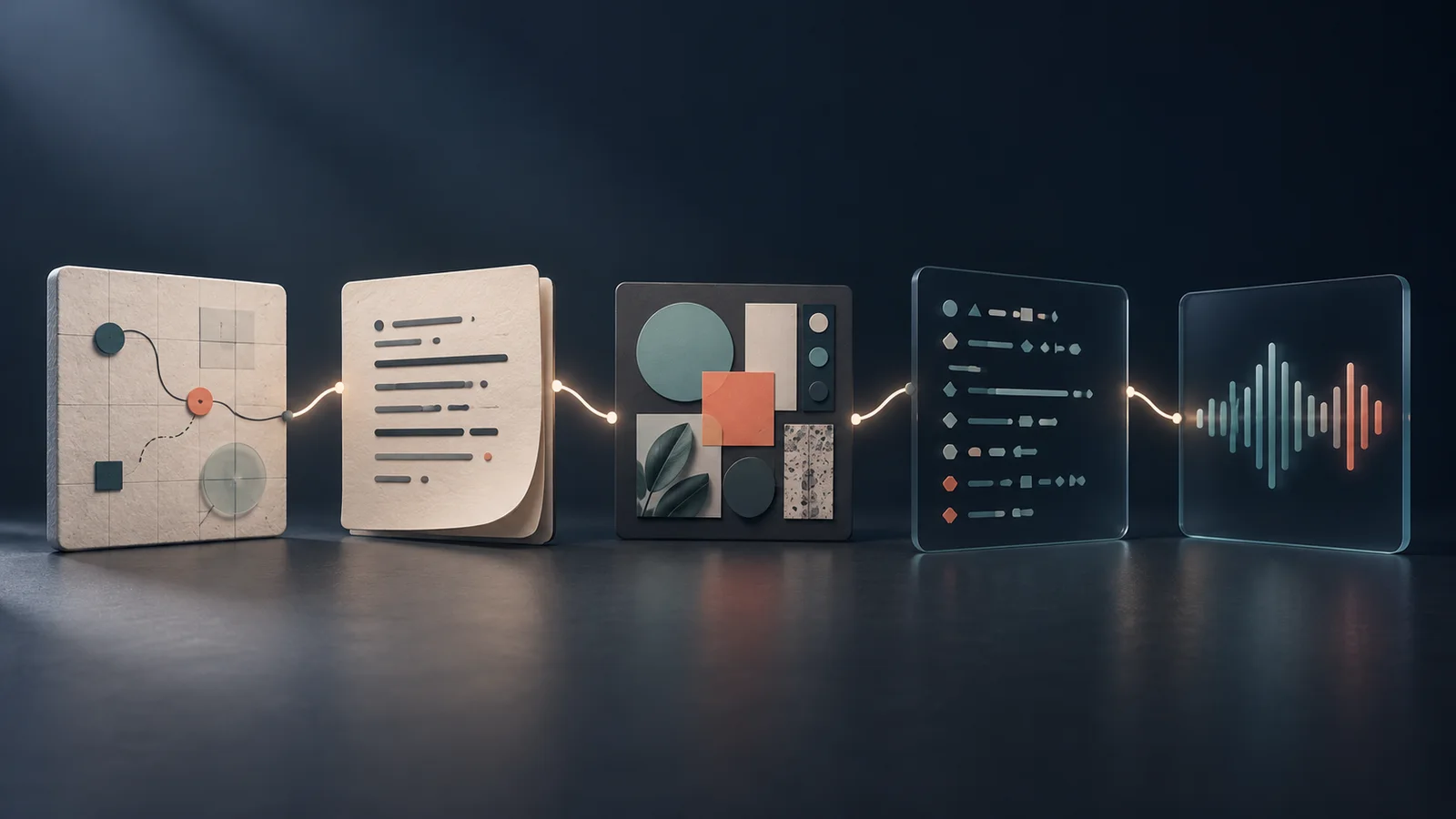 Five abstract linked panels depict planning, writing, design, coding and voice stages in one agent workflow.