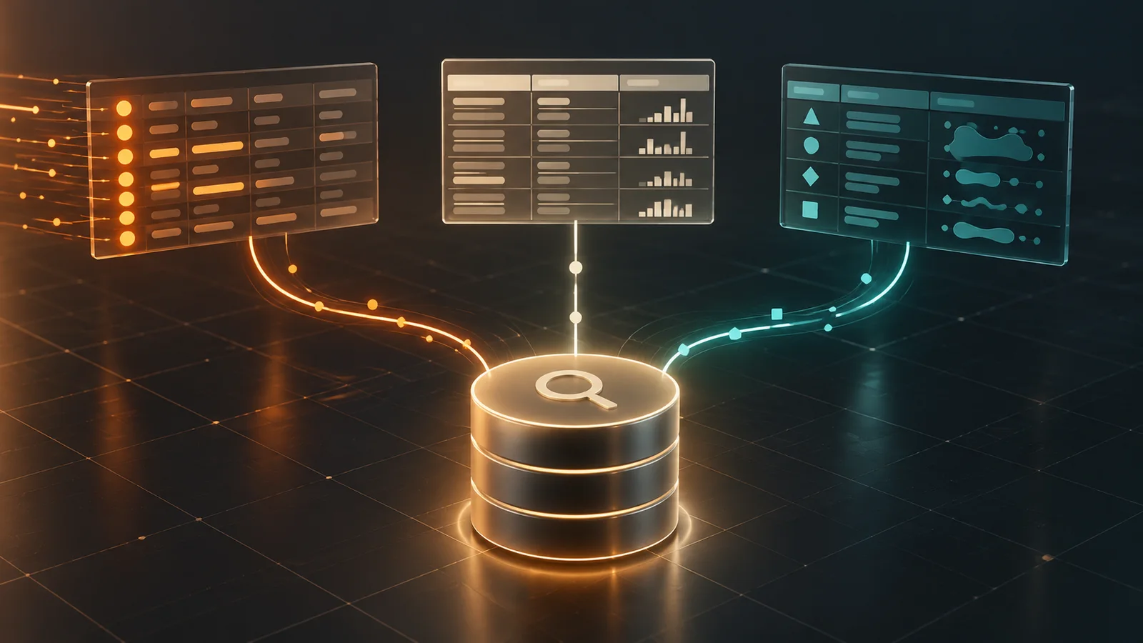 Conceptual illustration of three abstract data-table panels flowing directly into a central search index.