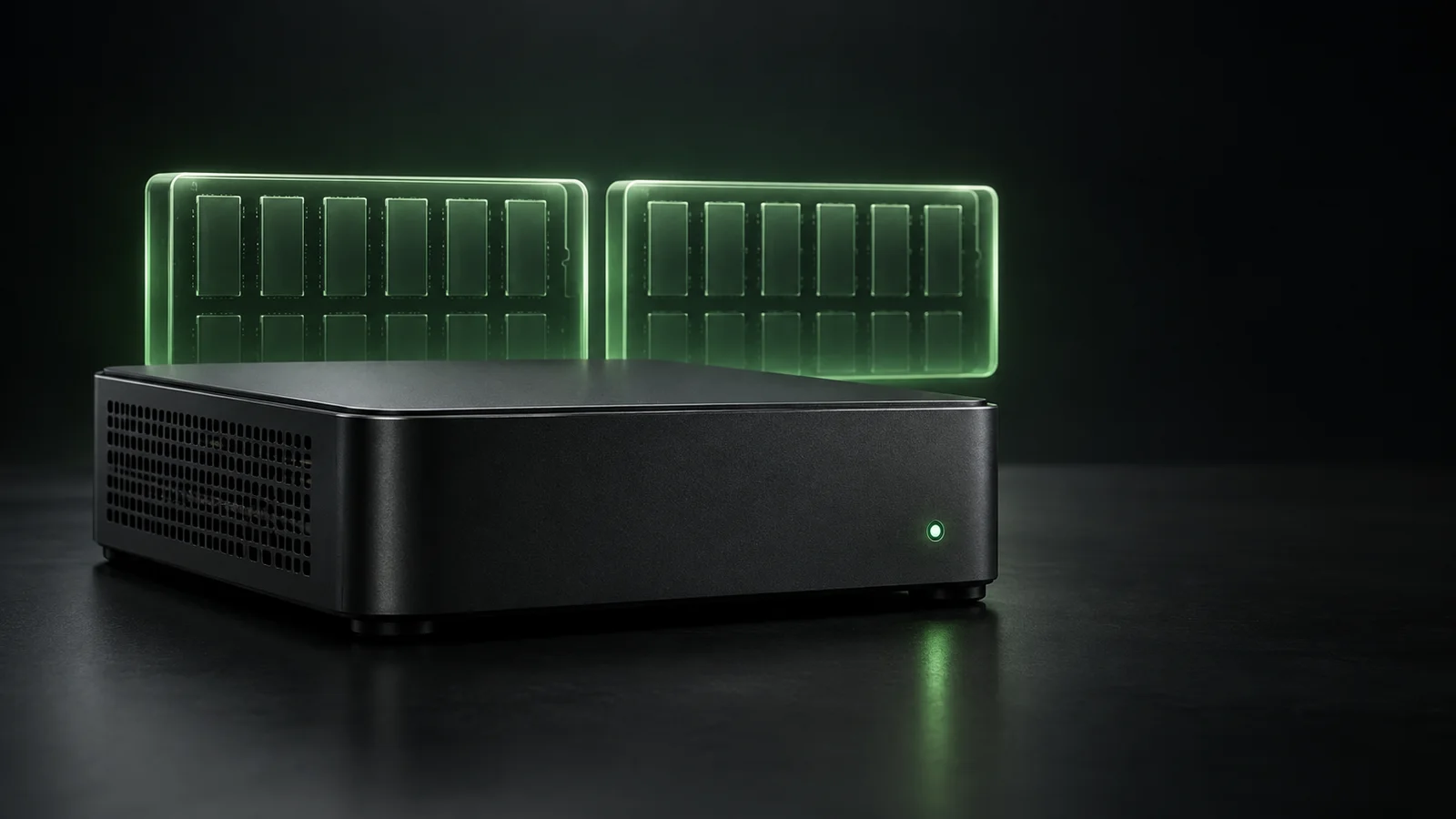 Conceptual illustration of a compact black local AI computer in front of two translucent green memory-module panels.