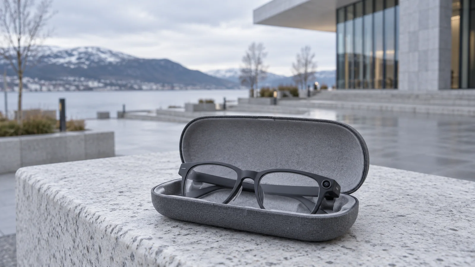 Unbranded camera-enabled smart glasses in an open case outside a Nordic civic building