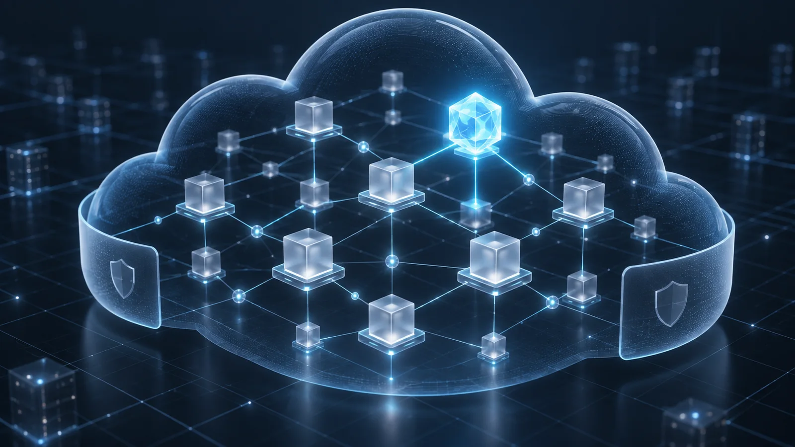 Conceptual illustration of a luminous new inference node joining a network of translucent nodes within a secure cloud boundary.