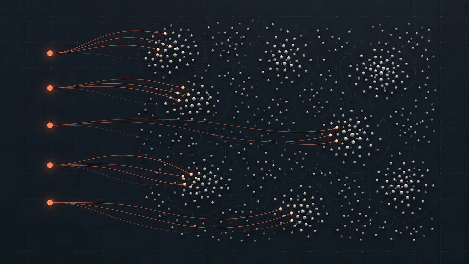 Conceptual illustration of five orange query points on the left connected to nearby white data points in clustered vector fields.