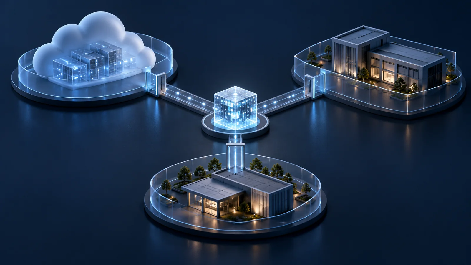 Conceptual illustration of a central abstract workload linked to three bounded environments representing public, customer-operated and partner-operated cloud deployment options.