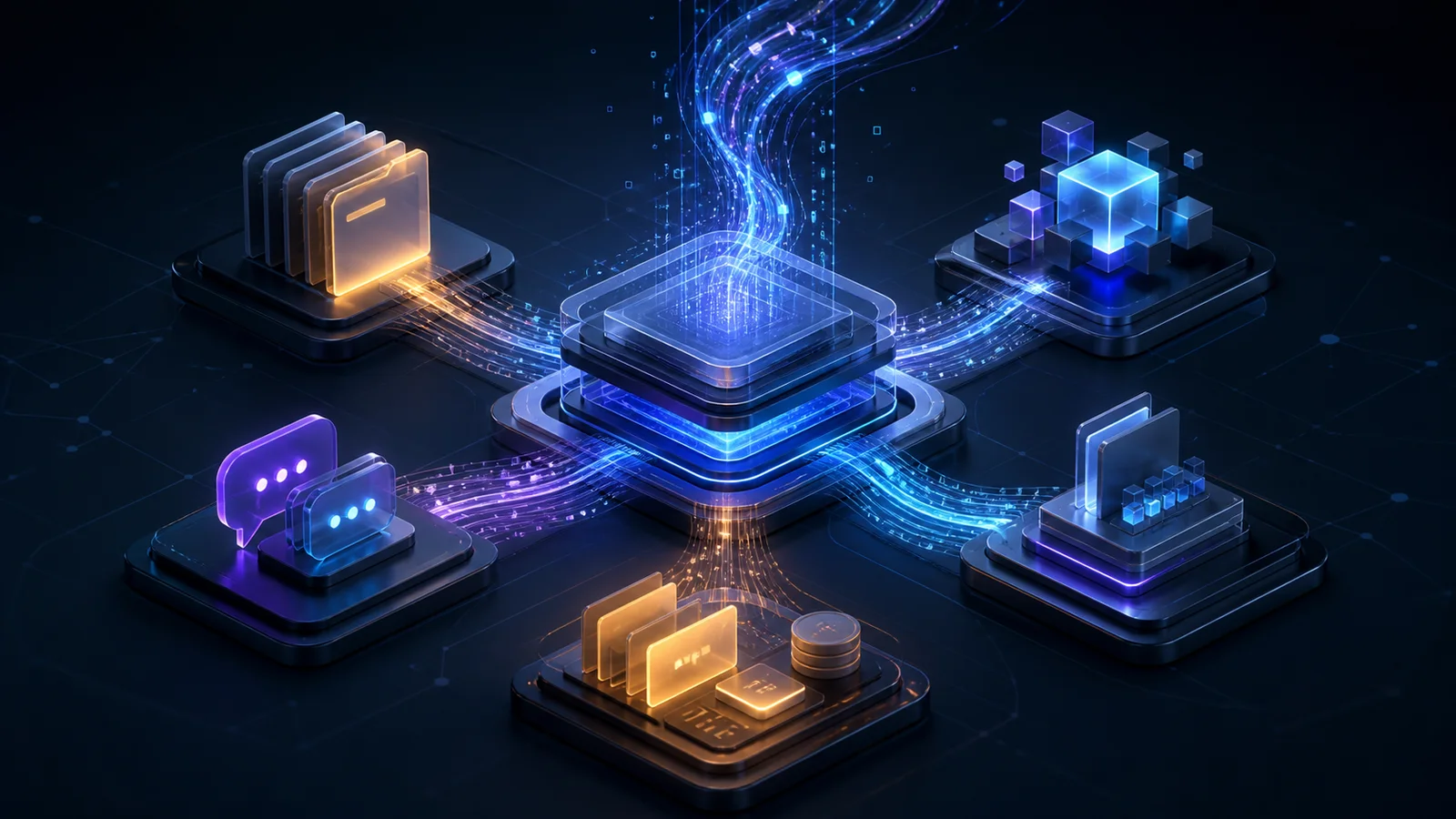 Abstract luminous AI orchestration hub connecting modules for documents, communications, cloud infrastructure and accounting