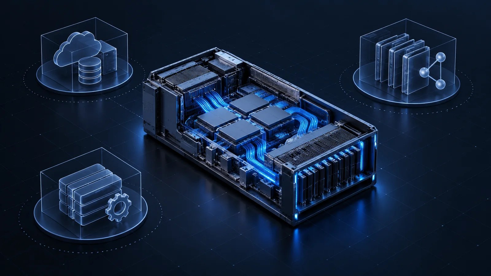Conceptual illustration of a central inference compute engine with three separate unconnected service modules on a dark blue technical grid.
