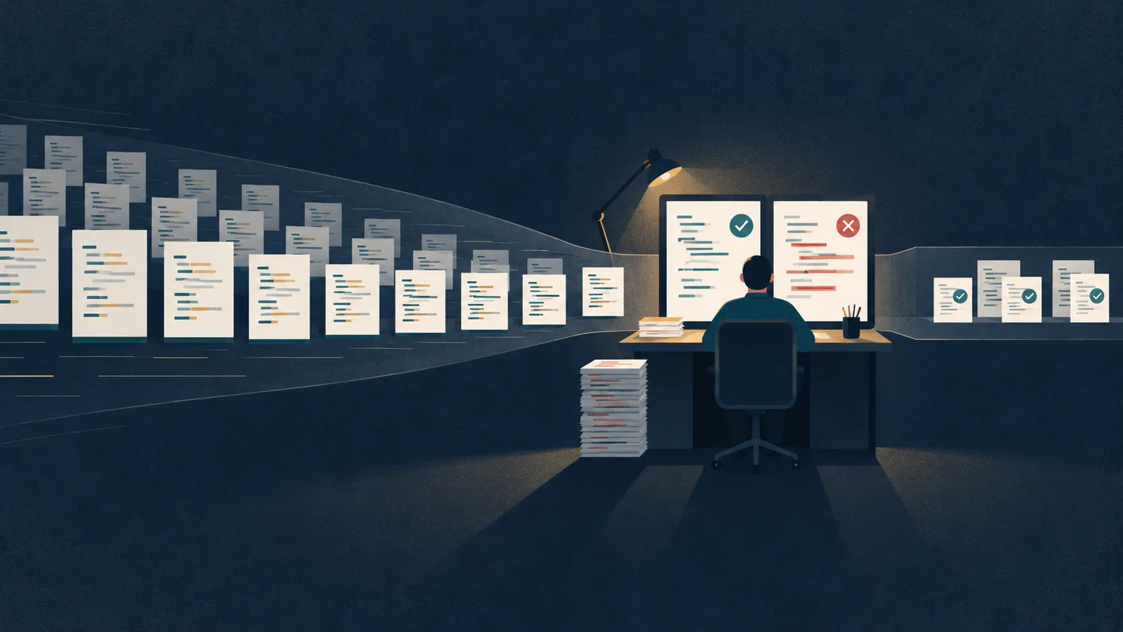 Editorial illustration of a queue of code documents narrowing at a software reviewer’s desk, with approved and revision-marked review panels.