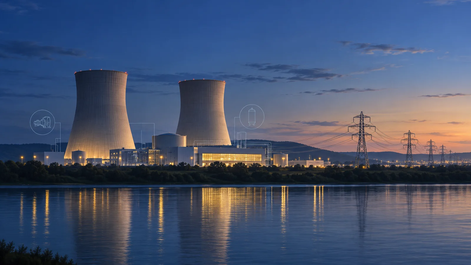 Conceptual illustration of a nuclear generating station with cooling towers, power lines and subtle equipment-upgrade diagrams at dusk.